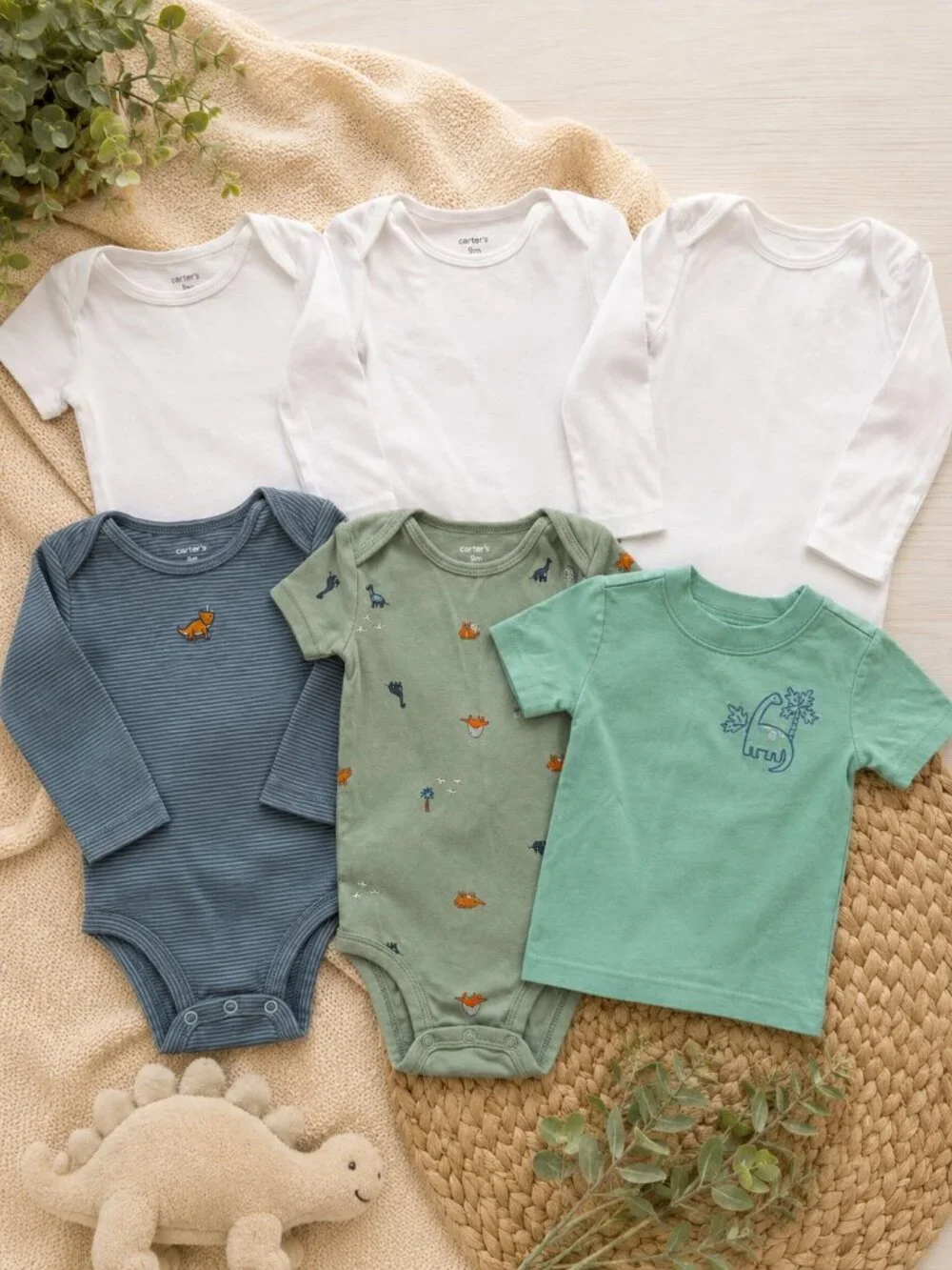 Carter's Baby Bodysuit Tee Set 9 Months Dinosaur White Basics Lot of 6 Infant